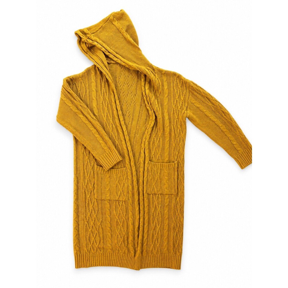 Boutique Mustard Cable Knit Hooded Long Cardigan Sweater | Size Medium